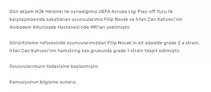 Fenerbahçe'den 2 oyuncusuyla ilgili sakatlık açıklaması