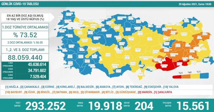 20 Ağustos Türkiye'de koronavirüs tablosu