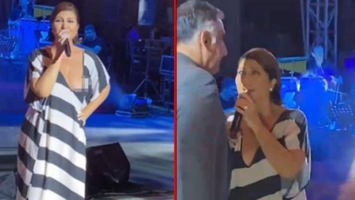 Dekolteli kıyafeti başına bela oldu! Sibel Can'ın göğsü açıldı, yardımına koruması koştu