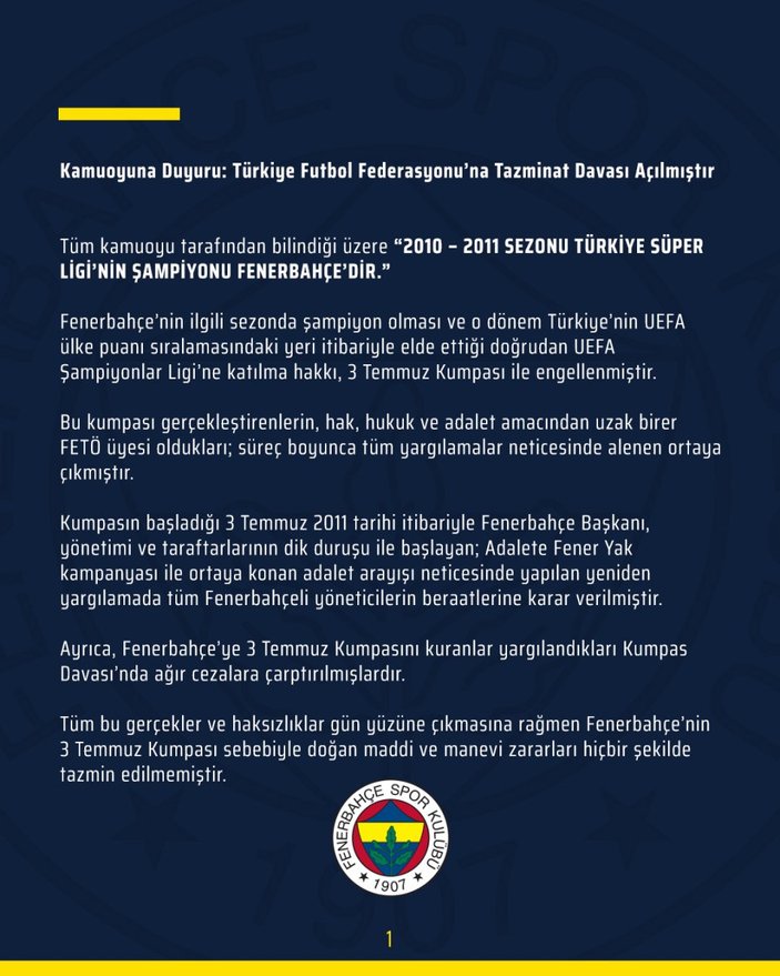 Fenerbahçe, TFF'ye tazminat davası açtı
