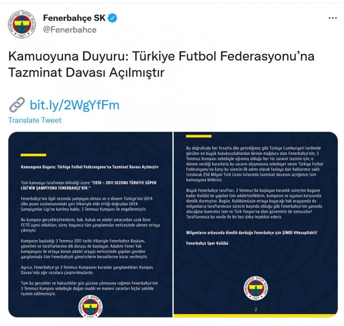 Fenerbahçe, TFF'ye tazminat davası açtı