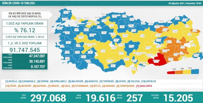 26 Ağustos Türkiye'de koronavirüs tablosu