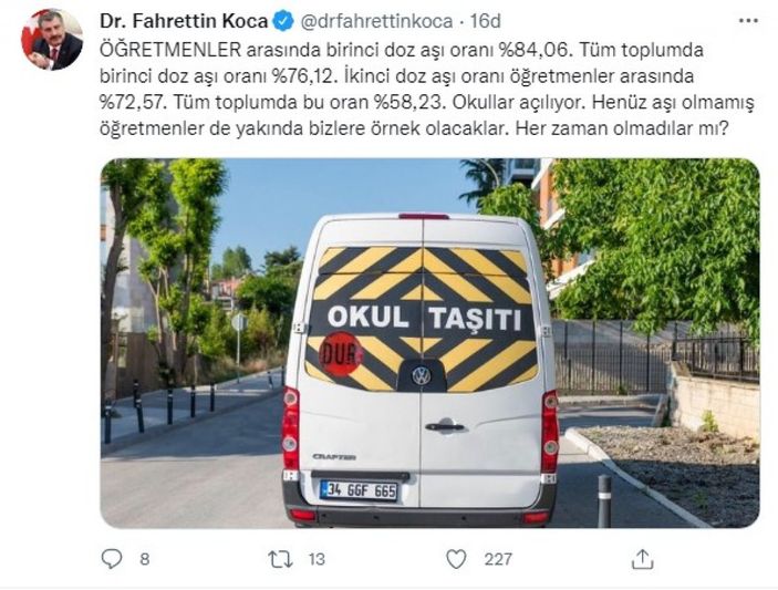 Öğretmenlerin yüzde 84'ü ilk doz aşısını oldu