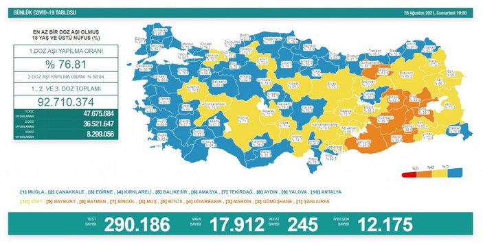 28 Ağustos Türkiye'de koronavirüs tablosu