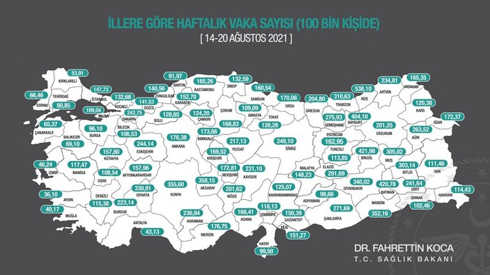 En çok vaka hangi ilde? 14-20 Ağustos haftası illere göre vaka sayısı