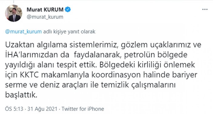 Murat Kurum: Petrol sızıntısına karşı KKTC'ye ekip gönderdik