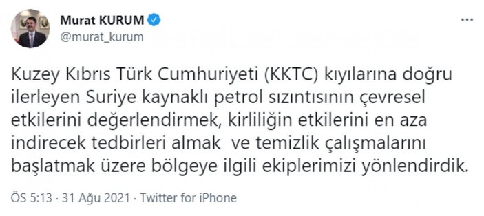 Murat Kurum: Petrol sızıntısına karşı KKTC'ye ekip gönderdik
