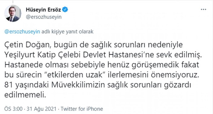 Çetin Doğan, cezaevinde sağlık sorunu yaşayınca hastaneye kaldırıldı