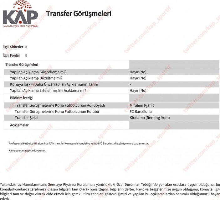 Beşiktaş, Pjanic transferini KAP'a bildirdi