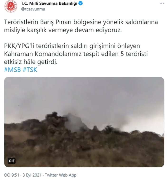 Barış Pınarı bölgesinde 5 PKK'lı terörist etkisiz hale getirildi