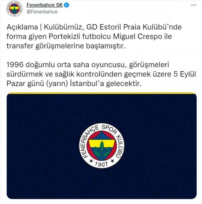 Fenerbahçe, Miguel Crespo'yu İstanbul'a getiriyor