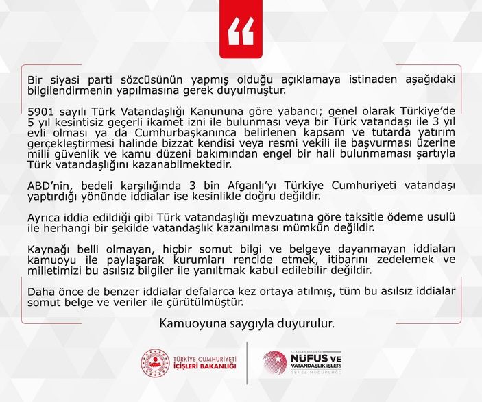 Nüfus Müdürlüğü'nden 3 bin Afgan'a vatandaşlık verildi iddiasına yalanlama