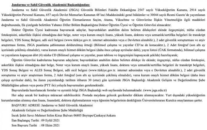 Jandarma ve Sahil Güvenlik Akademisine 15 akademisyen alımı yapılacak