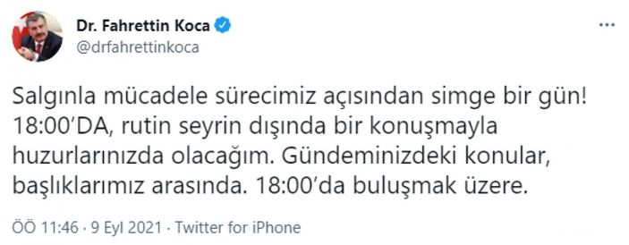 Fahrettin Koca: Saat 18.00'de rutin seyrin dışında bir konuşma yapacağım