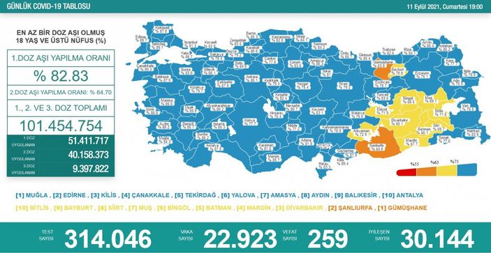 11 Eylül koronavirüs tablosu