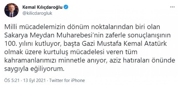 Kemal Kılıçdaroğlu, Sakarya Zaferi'nin 100. yıl dönümünü kutladı