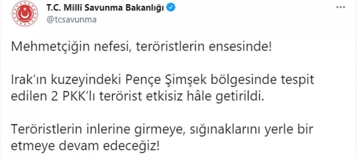 Irak'ın kuzeyinde 2 PKK'lı terörist etkisiz hale getirildi