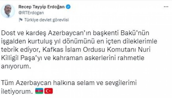 Cumhurbaşkanı Erdoğan'dan, Bakü'nün kurtuluş yıl dönümü mesajı