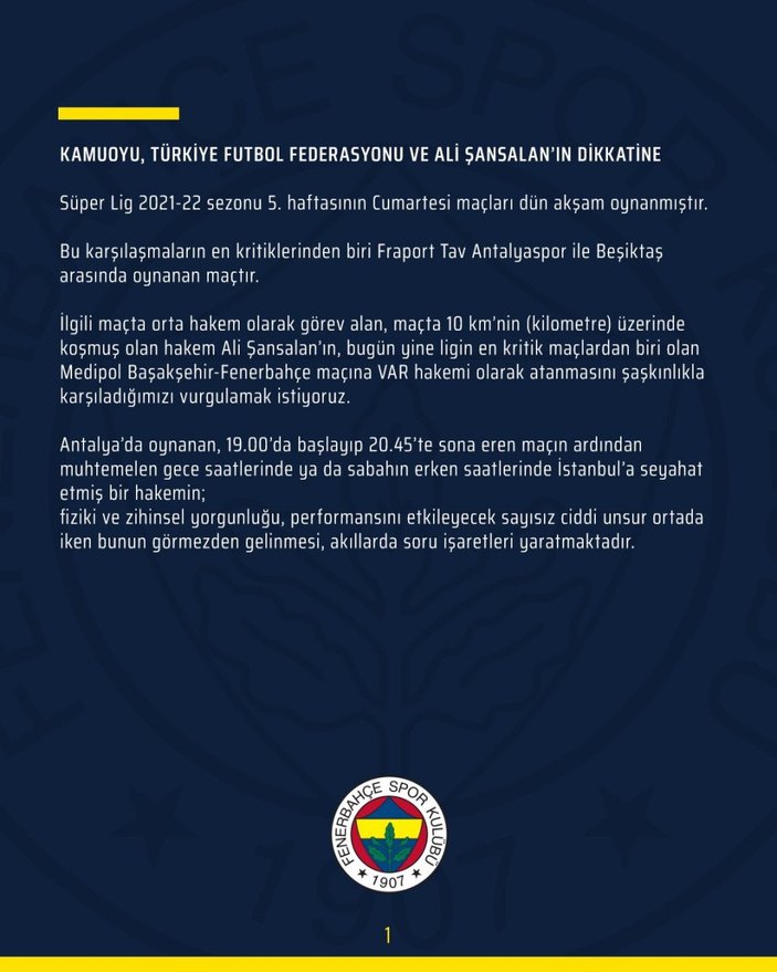Fenerbahçe'den Ali Şansalan açıklaması