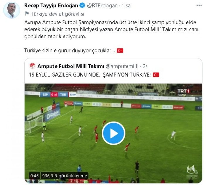 Cumhurbaşkanı Erdoğan, Avrupa Şampiyonu olan Ampute Milli Futbol Takımı'nı kutladı