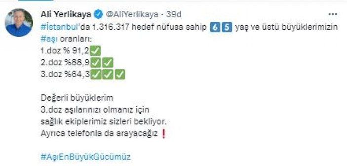 İstanbul Valisi Ali Yerlikaya: 65 yaş üstü aşılama oranı yüzde 91,2