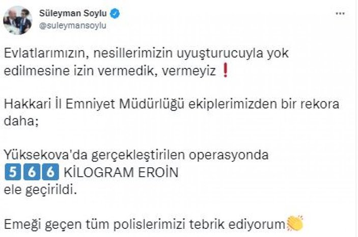 Süleyman Soylu: Yüksekova'da 566 kilogram eroin ele geçirildi