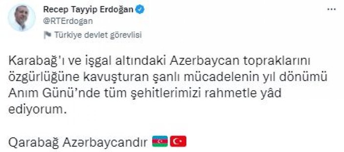 Cumhurbaşkanı Erdoğan, Karabağ zaferine ilişkin paylaşım yaptı