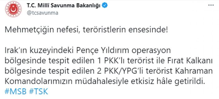 MSB: 3 PKK'lı terörist, etkisiz hale getirildi