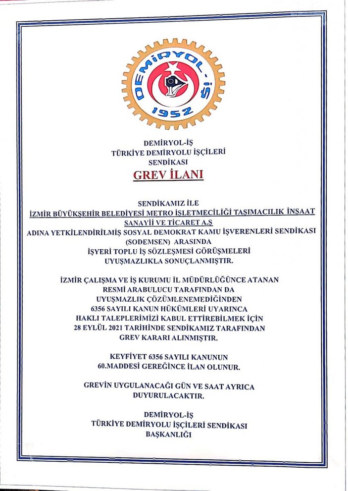 İzmir'de metro çalışanları toplu iş sözleşmesi nedeniyle greve başladı