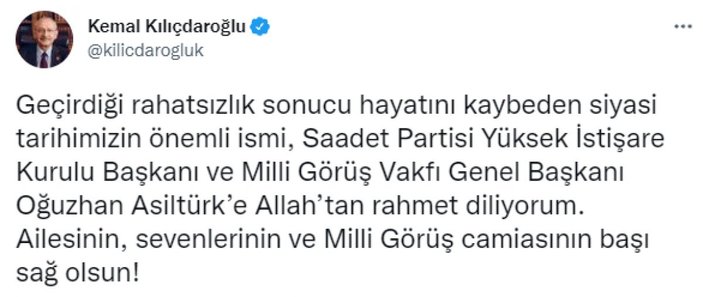 Kılıçdaroğlu, Oğuzhan Asiltürk için Karamollaoğlu’na başsağlığı diledi