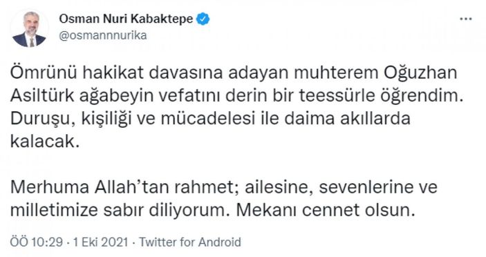 Siyaset dünyasından Oğuzhan Asiltürk için taziye mesajları