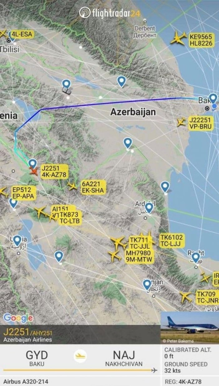 Azerbaycan Hava Yolları, Ermenistan hava sahasını kullandı
