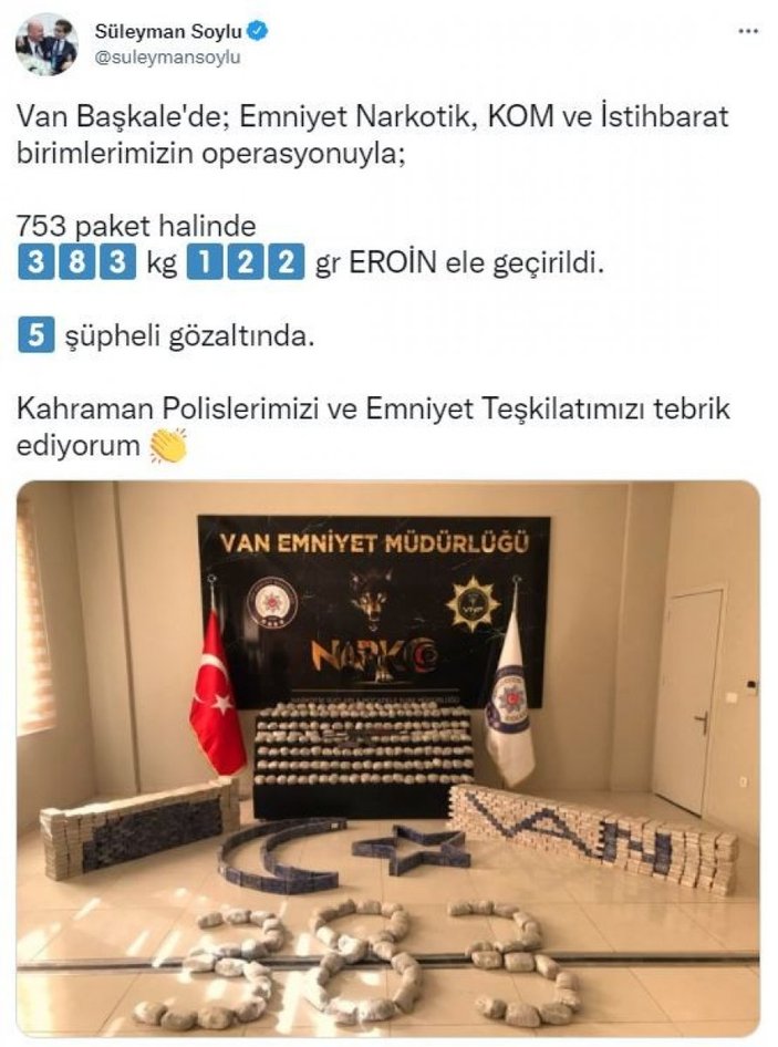 Süleyman Soylu: Van Başkale'de 753 paket eroin ele geçirildi