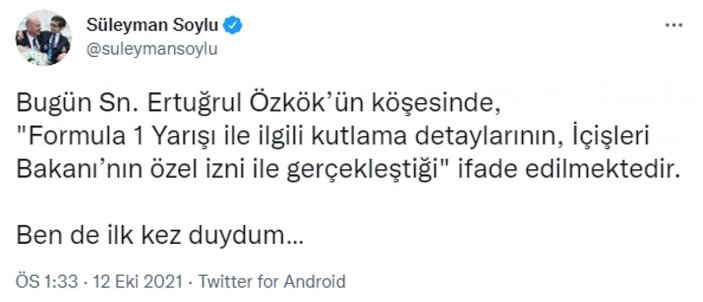 Süleyman Soylu'dan Ertuğrul Özkök'e 'Formula 1'de şampanya izni' cevabı