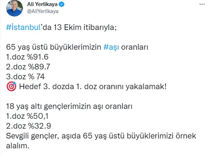Ali Yerlikaya: İstanbul'da 2 doz aşı yaptıran 65 yaş üstü yüzde 89'a ulaştı