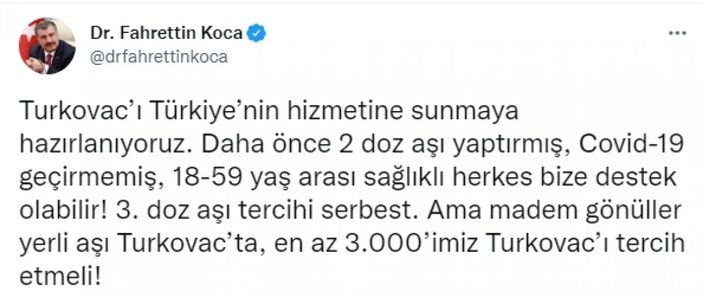 Sağlık Bakanı Fahrettin Koca'dan Turkovac çağrısı