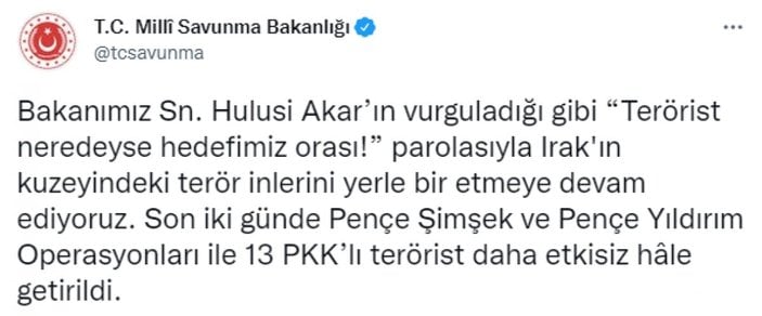 Son iki günde Pençe Operasyonlarıyla 13 PKK'lı öldürüldü