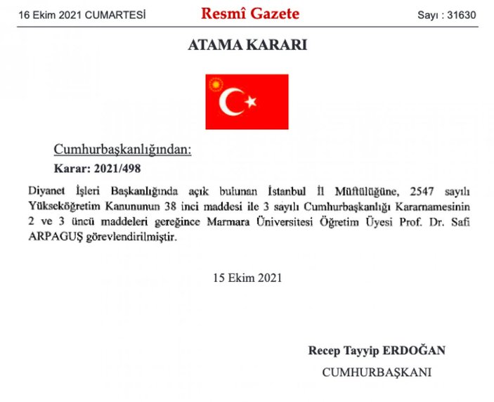İstanbul Müftülüğüne Prof. Dr. Safi Arpaguş atandı