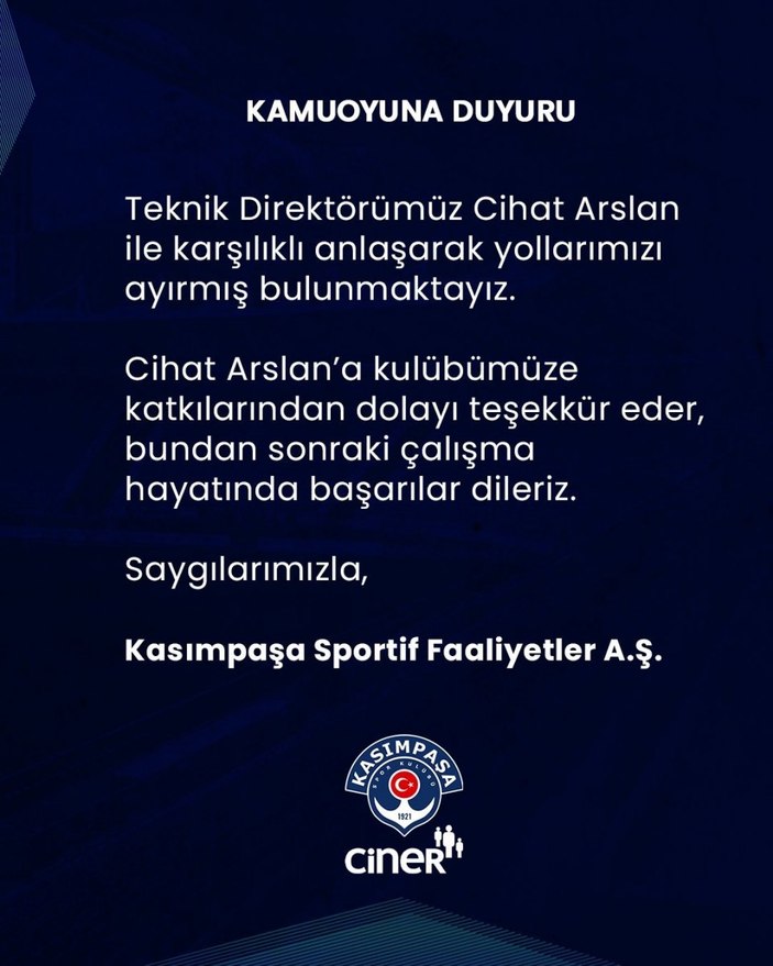 Kasımpaşa, Cihat Arslan ile yollarını ayırdı