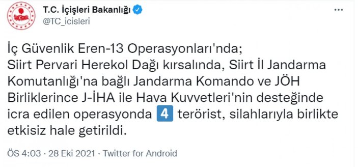 Eren-13 Operasyonlarında 4 terörist öldürüldü