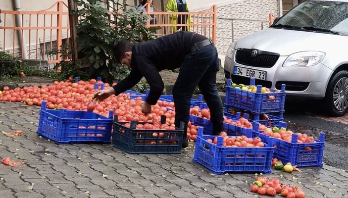 Kağıthane’de, kazadan sonra sağlam kalan domatesleri ayıkladı