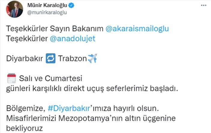 Diyarbakır - Trabzon uçuşları başladı