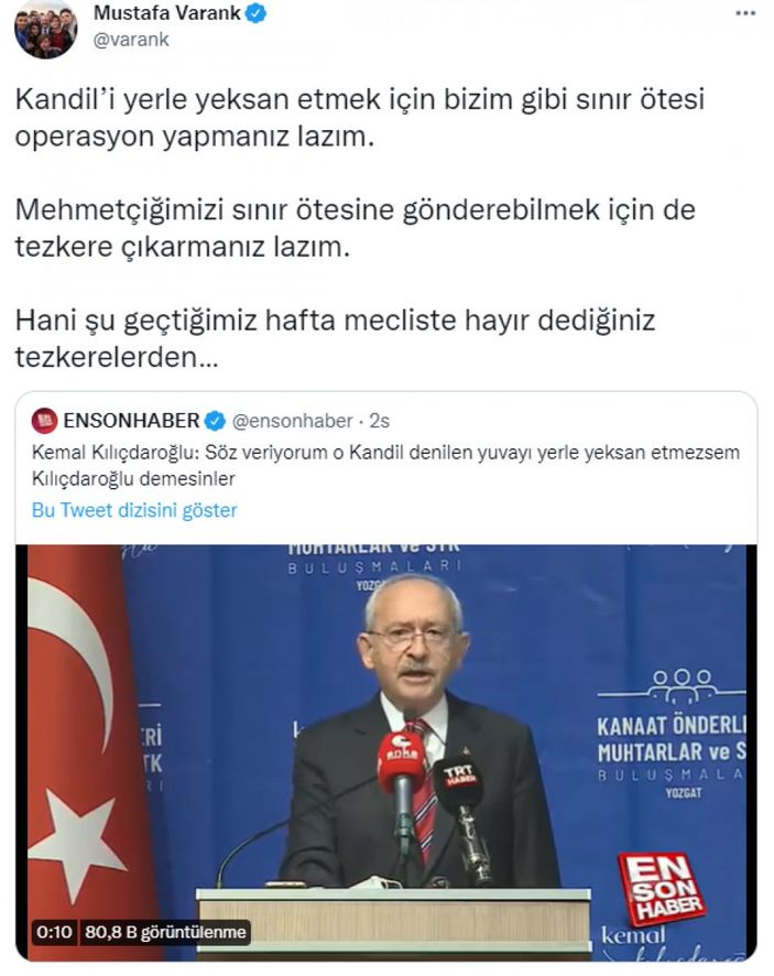 Mustafa Varank'tan Kılıçdaroğlu'na 'Kandil' cevabı