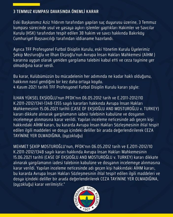 Fenerbahçe'den 3 Temmuz açıklaması