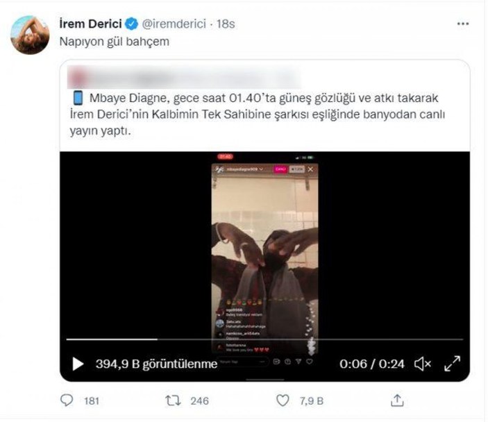 İrem Derici, Galatasaraylı Mbaye Diagne'ye mesaj yolladı