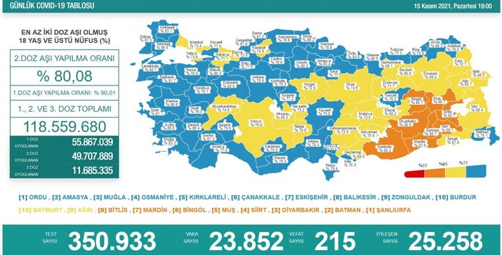 15 Kasım Türkiye'de koronavirüs tablosu