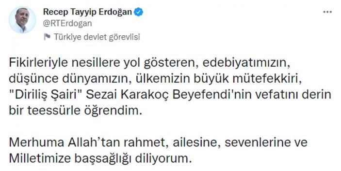 Cumhurbaşkanı Erdoğan'dan Sezai Karakoç için taziye mesajı