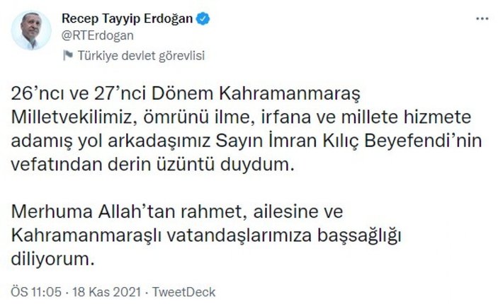Cumhurbaşkanı Erdoğan'dan İmran Kılıç için taziye mesajı