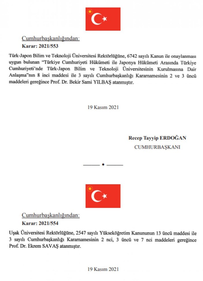 Cumhurbaşkanı Erdoğan 4 üniversiteye rektör ataması yaptı