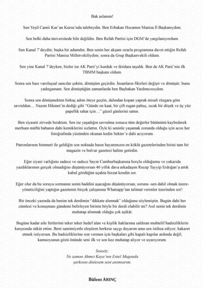 Bülent Arınç'tan Ahmet Hakan'ın yazısına cevap: Bak aslanım